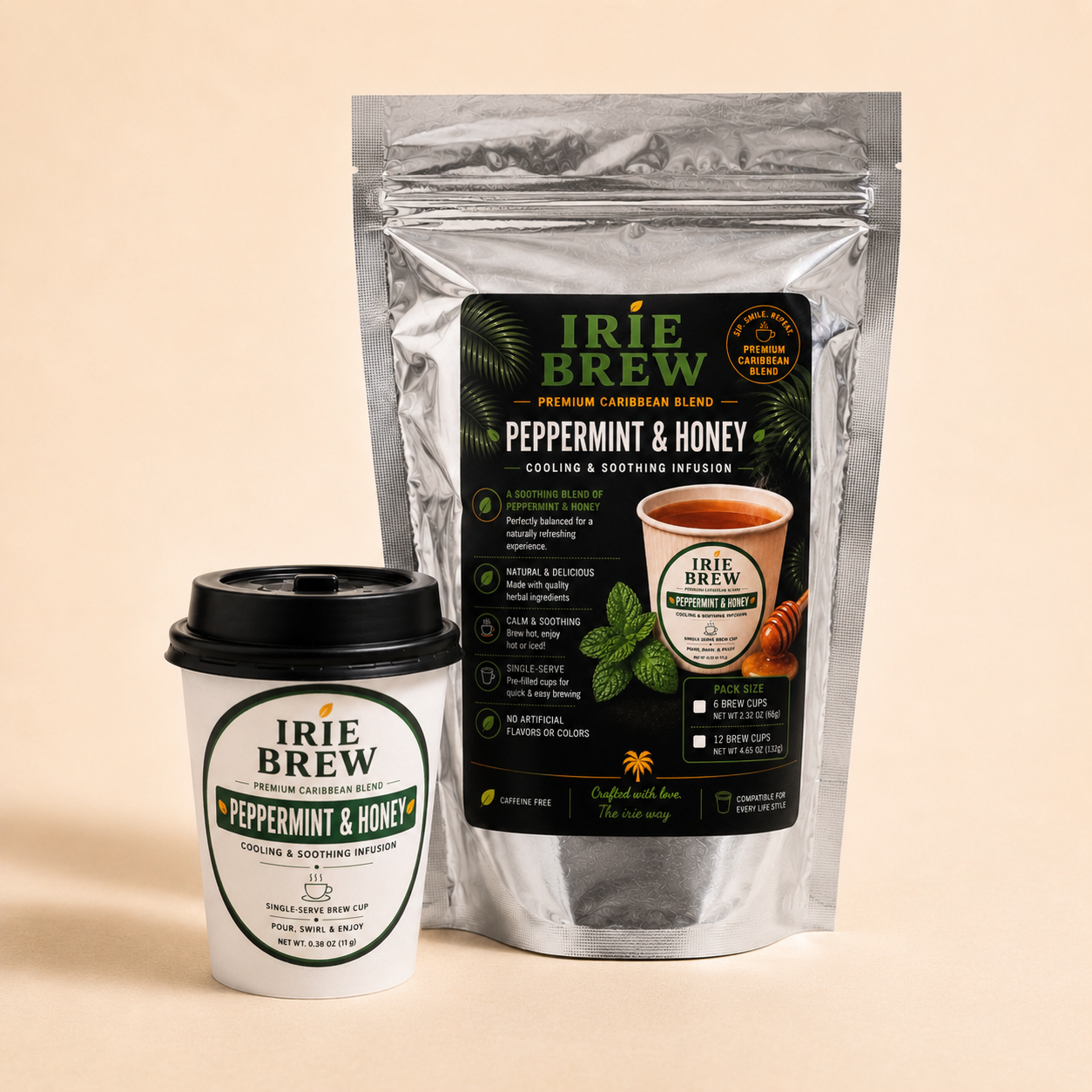 Peppermint herbal tea with light sweetness in convenient 8oz Irie Brew cup – refreshing just add hot water tea