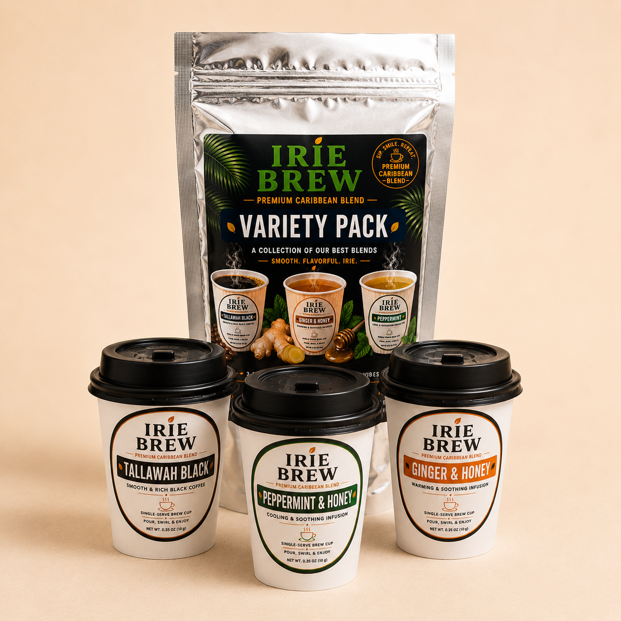 Chamomile tea with natural stevia sweetener in convenient Irie Brew cup – calming caffeine-free just add hot water tea