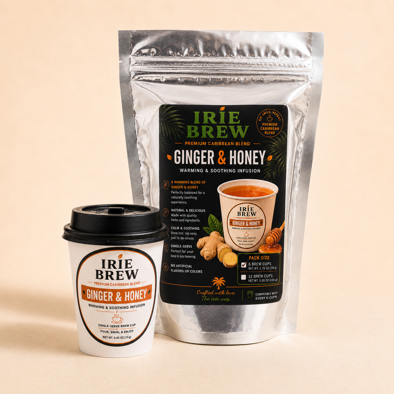 Ginger and honey herbal tea in convenient Irie Brew cup – warming wellness drink just add hot water