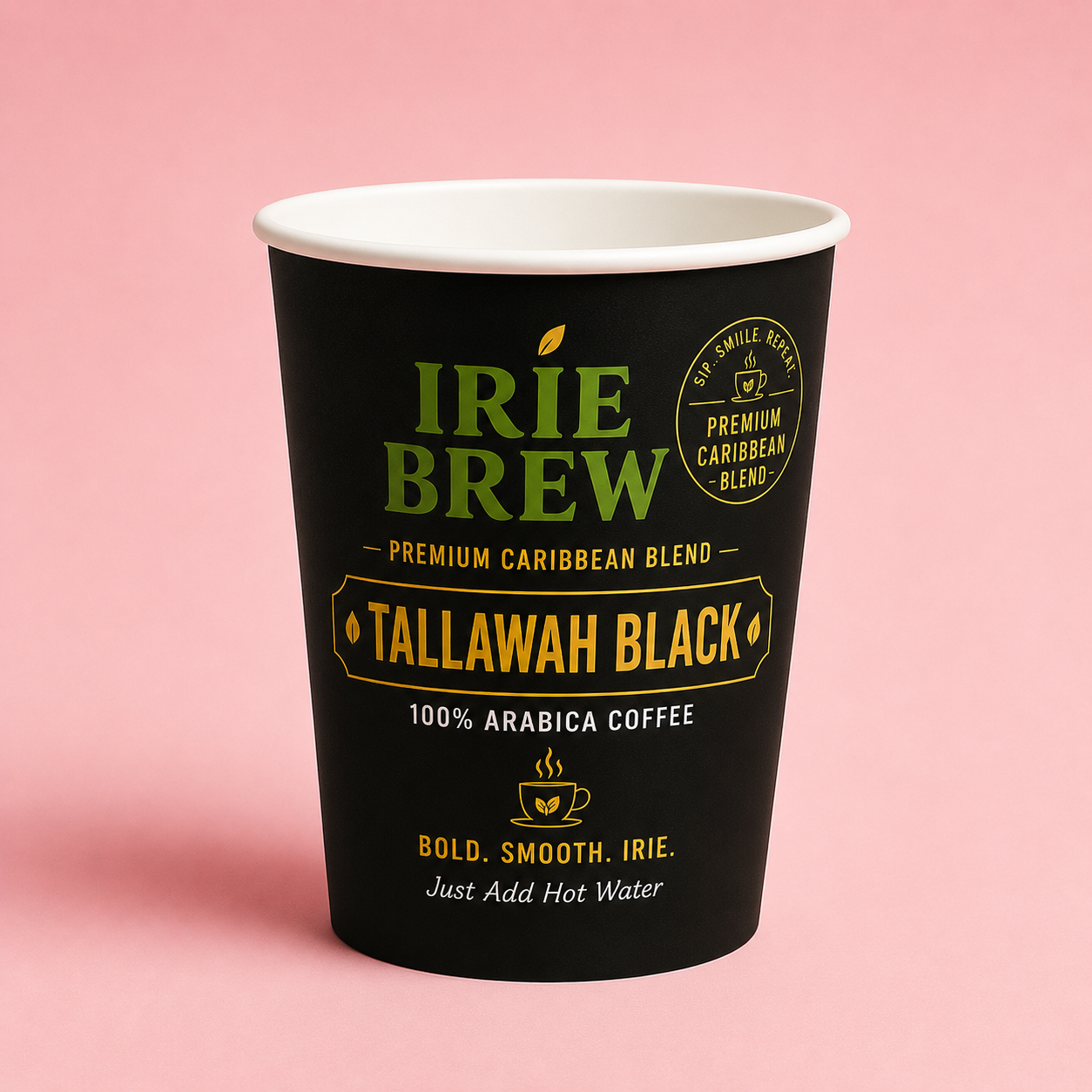 Tallawah Signature Blend black coffee in compostable Irie Brew cup – eco-friendly just add hot water coffee